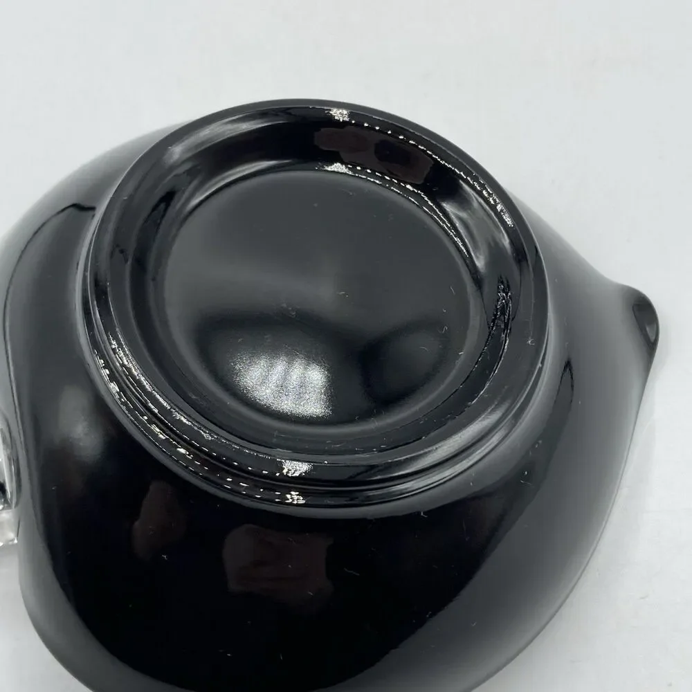 Vtg Black Glass Heart Candy Trinket Nappy Dish Applied Clear Loop Handle 6.25”